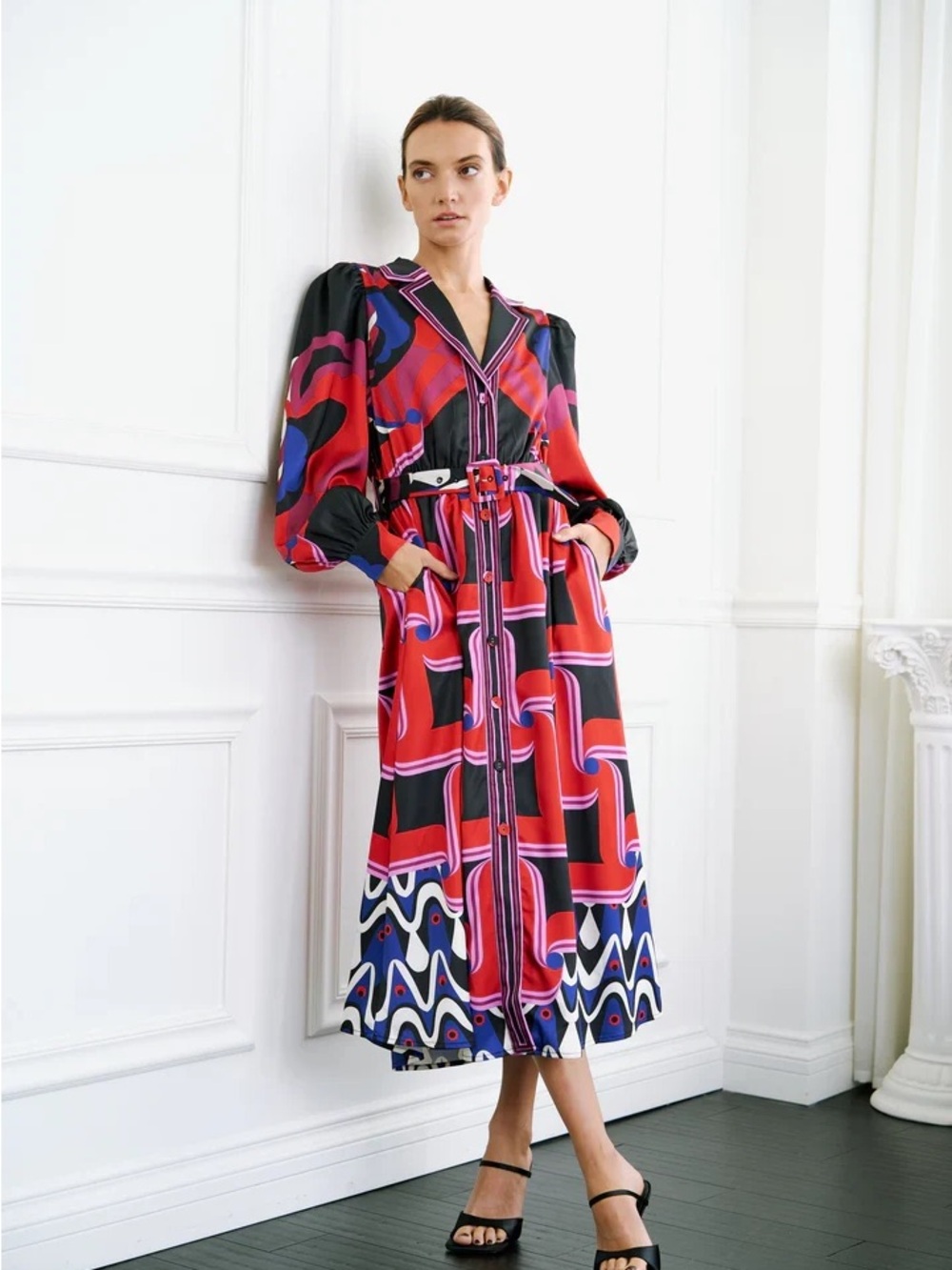 Ciebon Vibrant Red & Black Printed Midi Shirt Dress - Picture 1 of 5